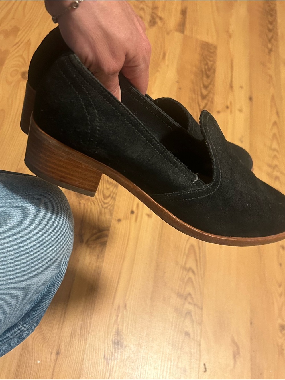 Soludos Black Suede Slip-On Loafers with Wood-Look Heel